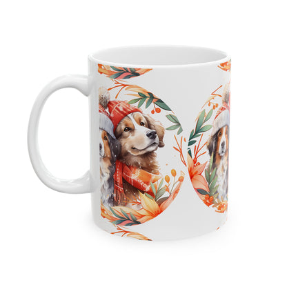 Autumn Dog Mug – Cozy Season Ceramic Coffee Cup with Dogs in Scarves 11oz   Item #829525