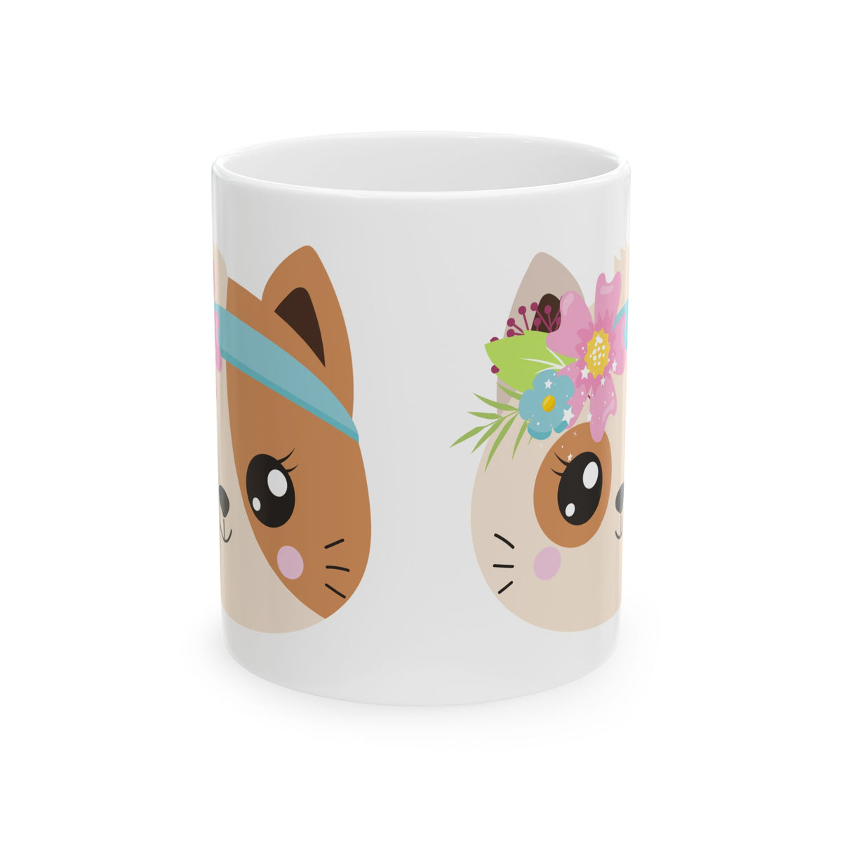 Cute Cat Faces Ceramic Mug — Floral & Headband Kitty Coffee Cup 11oz   Item #954126
