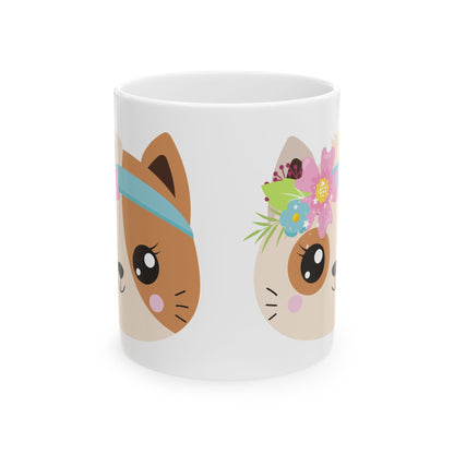 Cute Cat Faces Ceramic Mug — Floral & Headband Kitty Coffee Cup 11oz   Item #954126