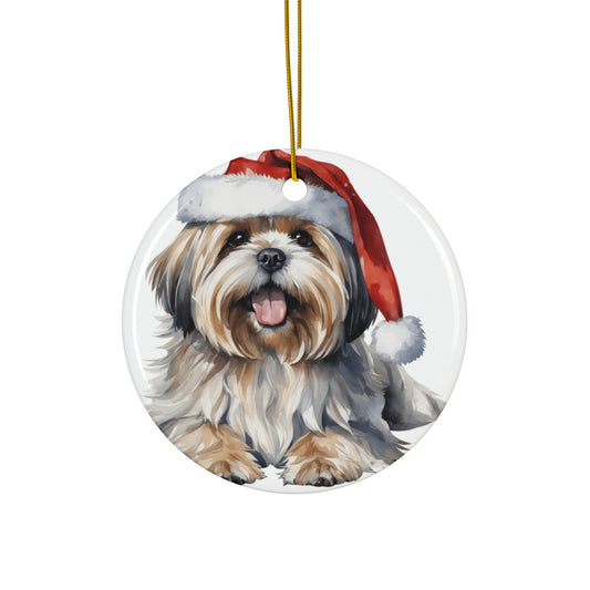 Ceramic Ornament - Lhasa Apso Dog With Santa Hat      Item #734546