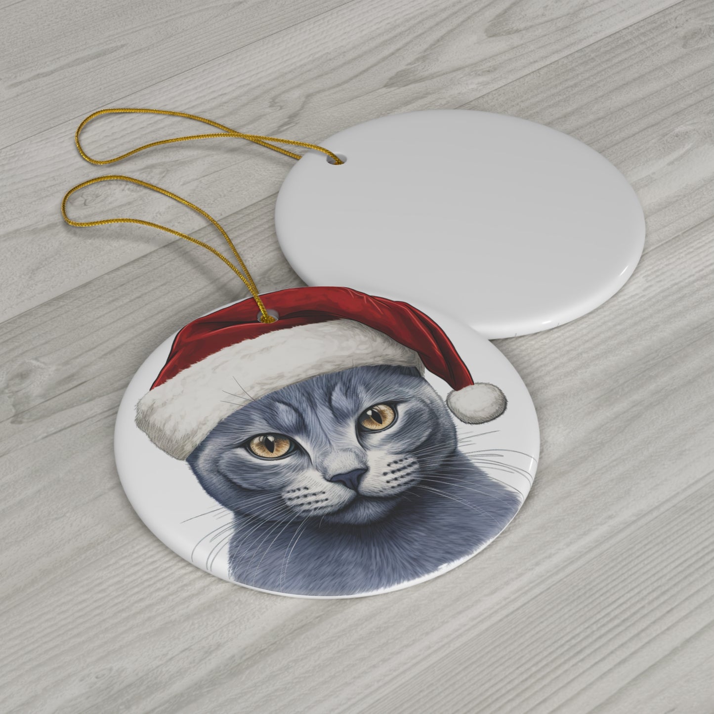 Russian Blue Cat With Santa Hat Ceramic Ornament     Item #2270182