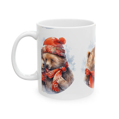 Cozy Winter Bear Couple Ceramic Mug — Cute Bears in Red Hats & Scarves 11oz   Item #98824