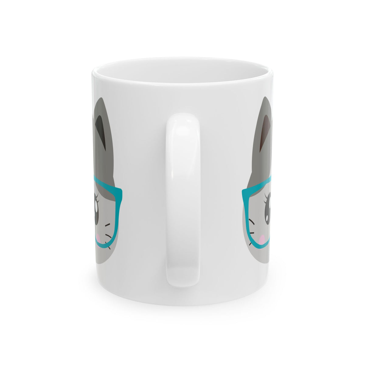 Cute Cat Mug with Teal Glasses — Kawaii Animal Ceramic Coffee Cup 11oz   Item #113