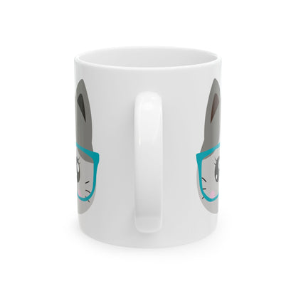 Cute Cat Mug with Teal Glasses — Kawaii Animal Ceramic Coffee Cup 11oz   Item #113