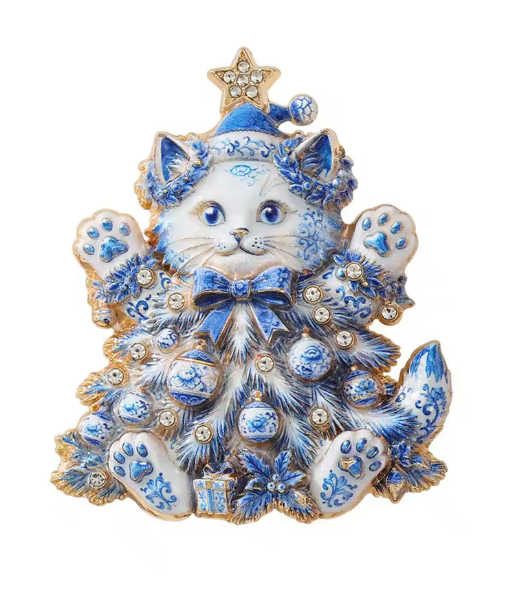 Santa’s Creations™ Blue and White Christmas Cat Brooch Pin, Rhinestone Kitten with Santa Hat and Star, Festive Holiday Jewelry, Christmas Gift for Cat Lovers   Item #80041