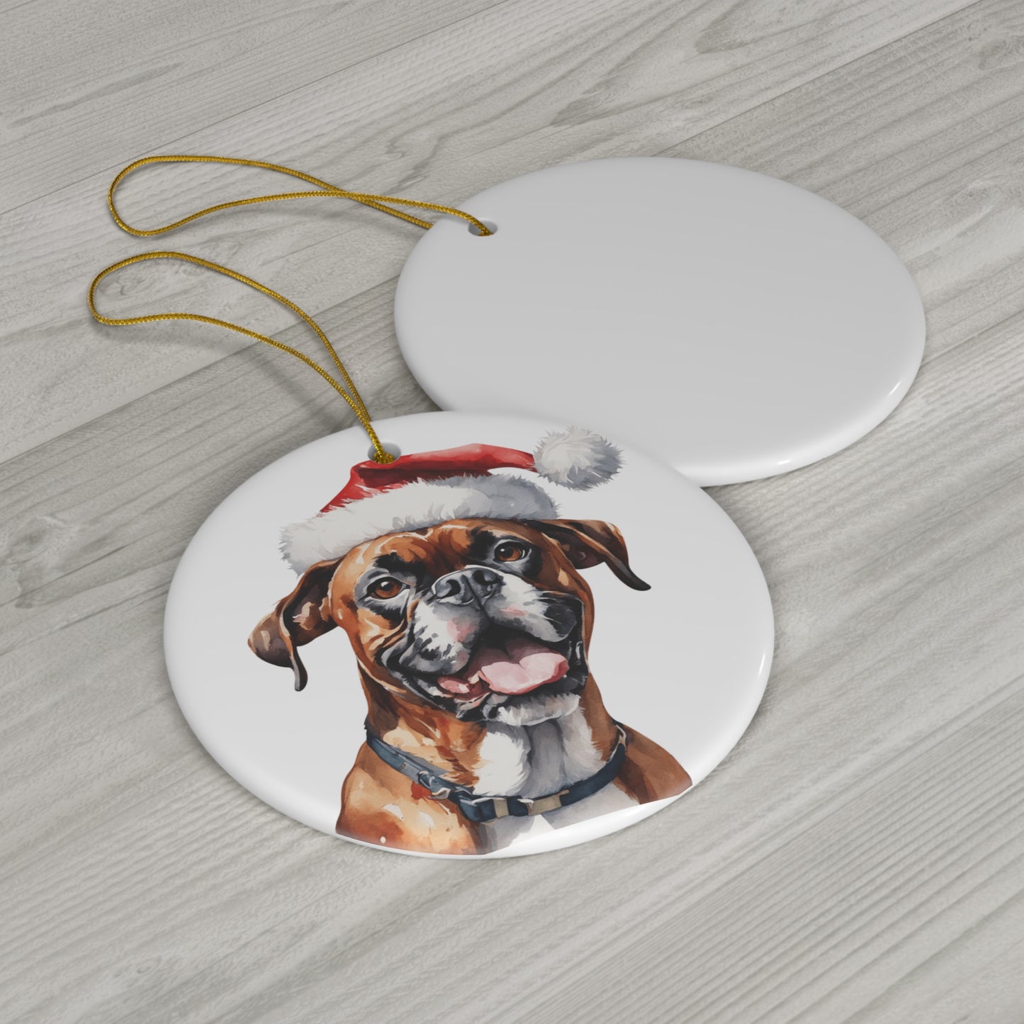 Boxer Dog With Santa Hat Ceramic Disc Ornament          Item #6700857