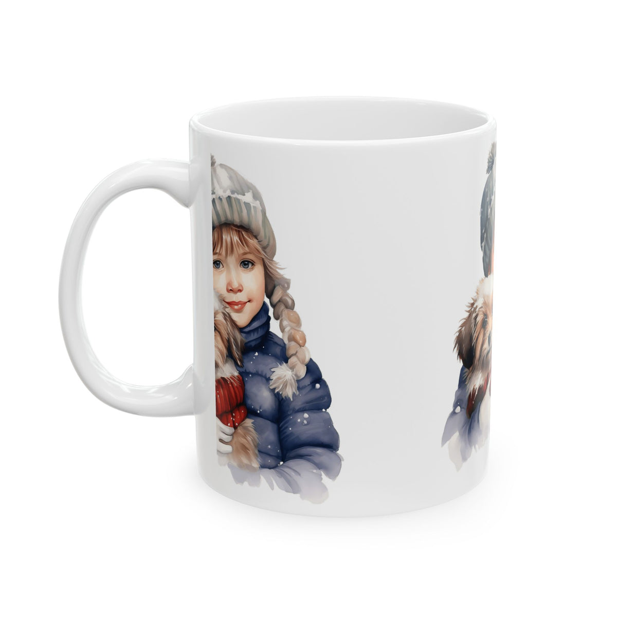 Winter Child & Puppy Ceramic Mug — Cute Holiday Hot Cocoa Cup 11oz  Item #692933