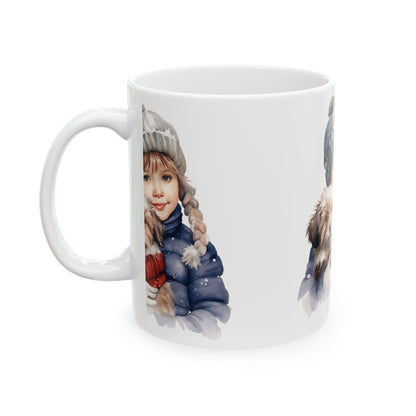 Winter Child & Puppy Ceramic Mug — Cute Holiday Hot Cocoa Cup 11oz  Item #692933