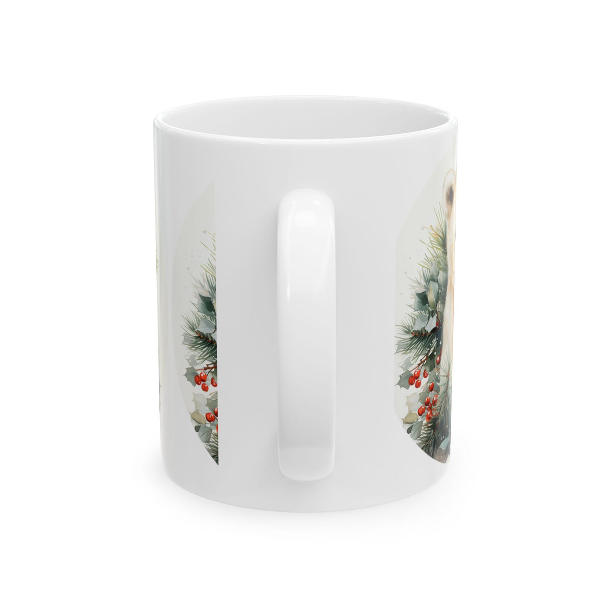 Holiday Polar Bear Ceramic Mug — Festive Pine & Berries Christmas Coffee Cup 11oz   Item #210856