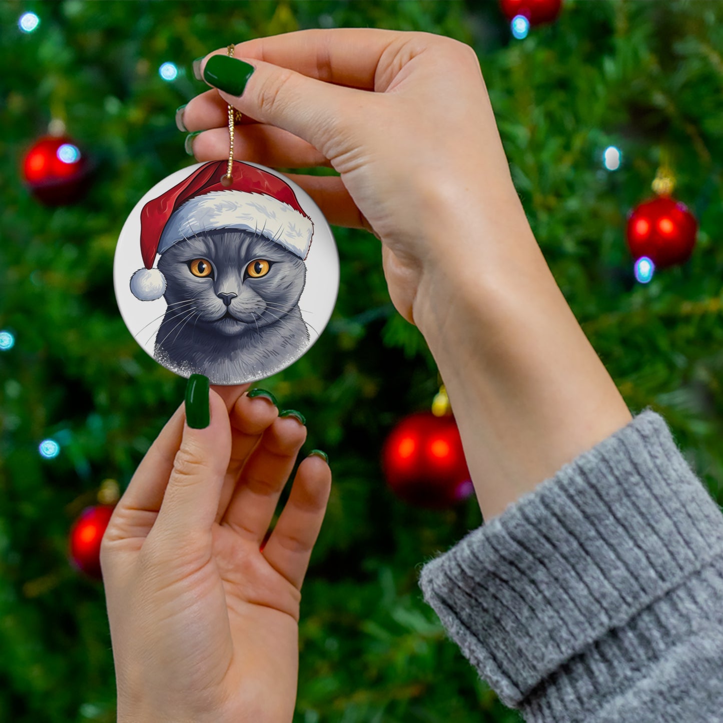 Russian Blue Cat With Santa Hat Ceramic Ornament     Item #5242275