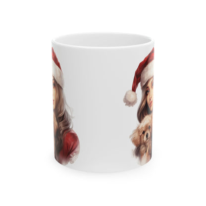 Festive Girl Holding A Puppy Christmas Ceramic Mug 11oz  Item #322182