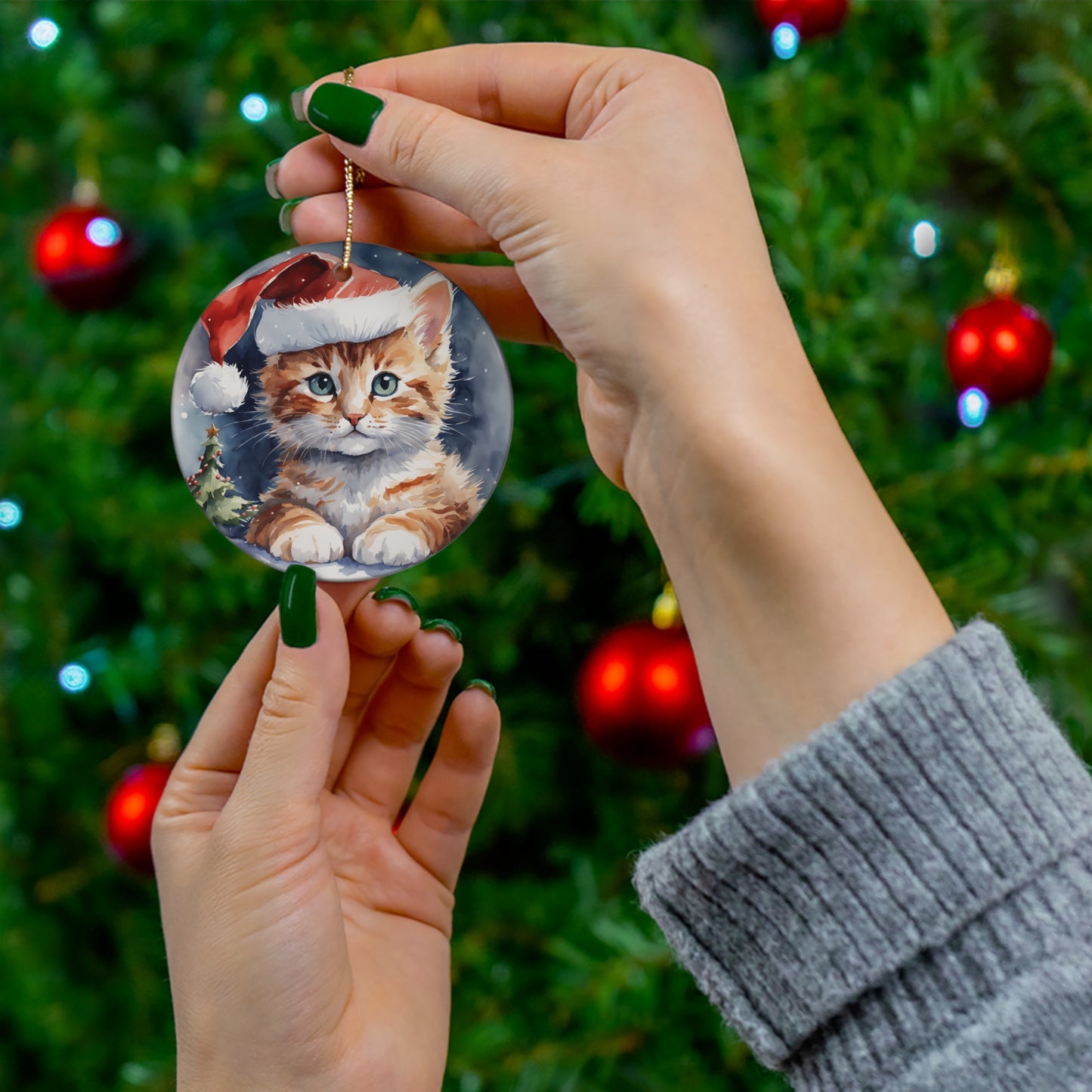 Christmas Cat Ceramic Disc Ornament        Item #2357042