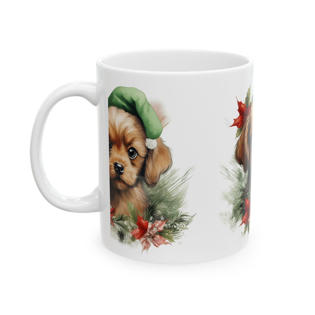 Cute Puppy Christmas Mug – Holiday Cavalier Puppy with Elf Hat 11oz   Item #286294