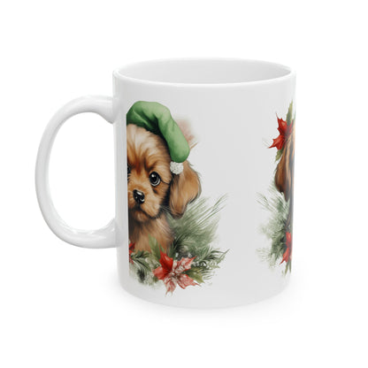 Cute Puppy Christmas Mug – Holiday Cavalier Puppy with Elf Hat 11oz   Item #286294