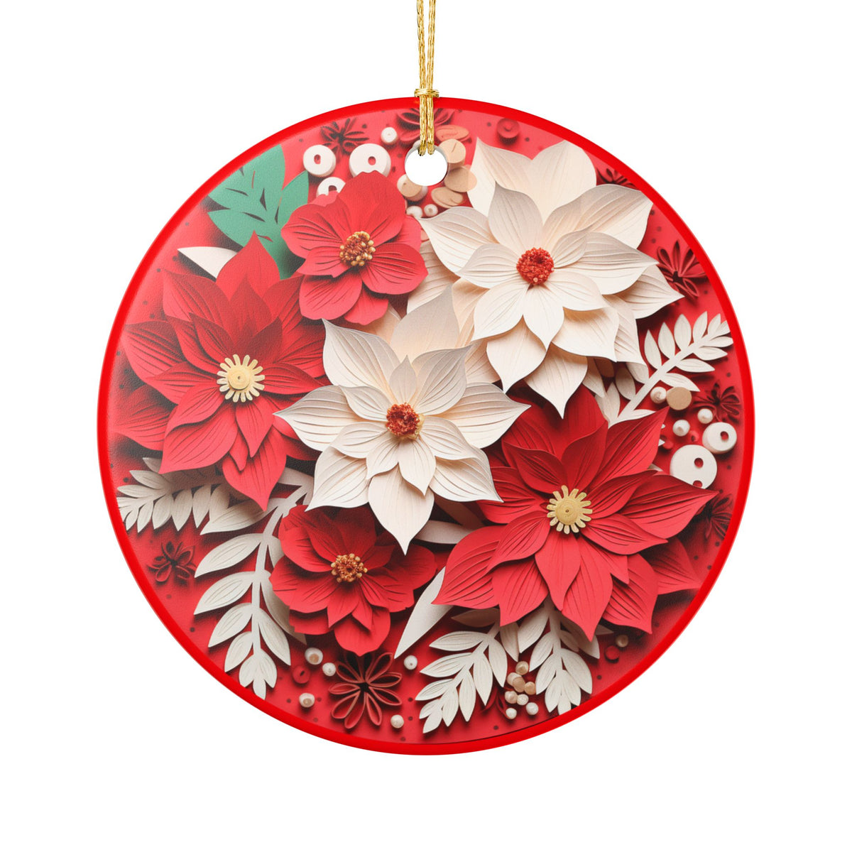 Ceramic Christmas Ornament – Red and White Poinsettia Floral Holiday Decoration   Item #243259