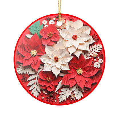 Ceramic Christmas Ornament – Red and White Poinsettia Floral Holiday Decoration   Item #243259
