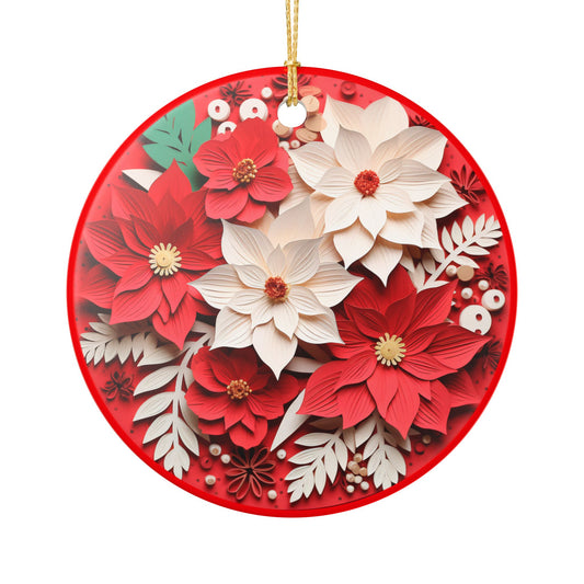 Ceramic Christmas Ornament – Red and White Poinsettia Floral Holiday Decoration   Item #243259