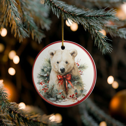 Ceramic Christmas Ornament – Polar Bear with Red Bow and Winter Greenery  Item #729052