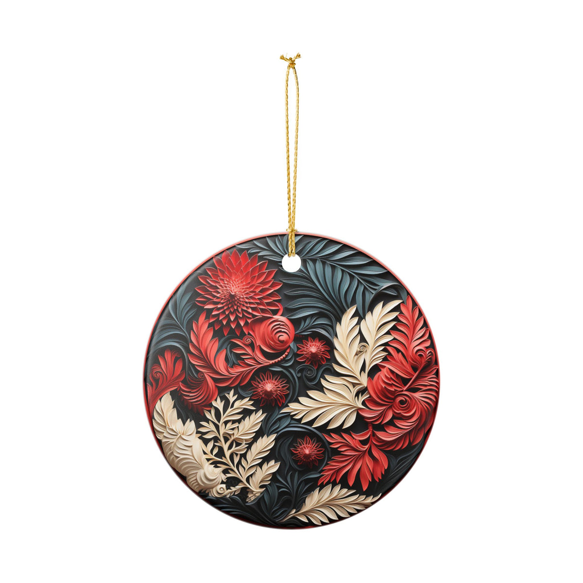 Floral Ceramic Ornament – Red, Cream & Black Botanical Holiday Decor   Item #400784
