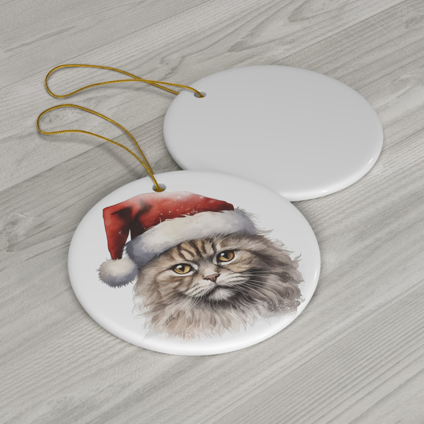 Selkirk Rex Cat With Santa Hat Ceramic Disc Ornament        Item #9162545