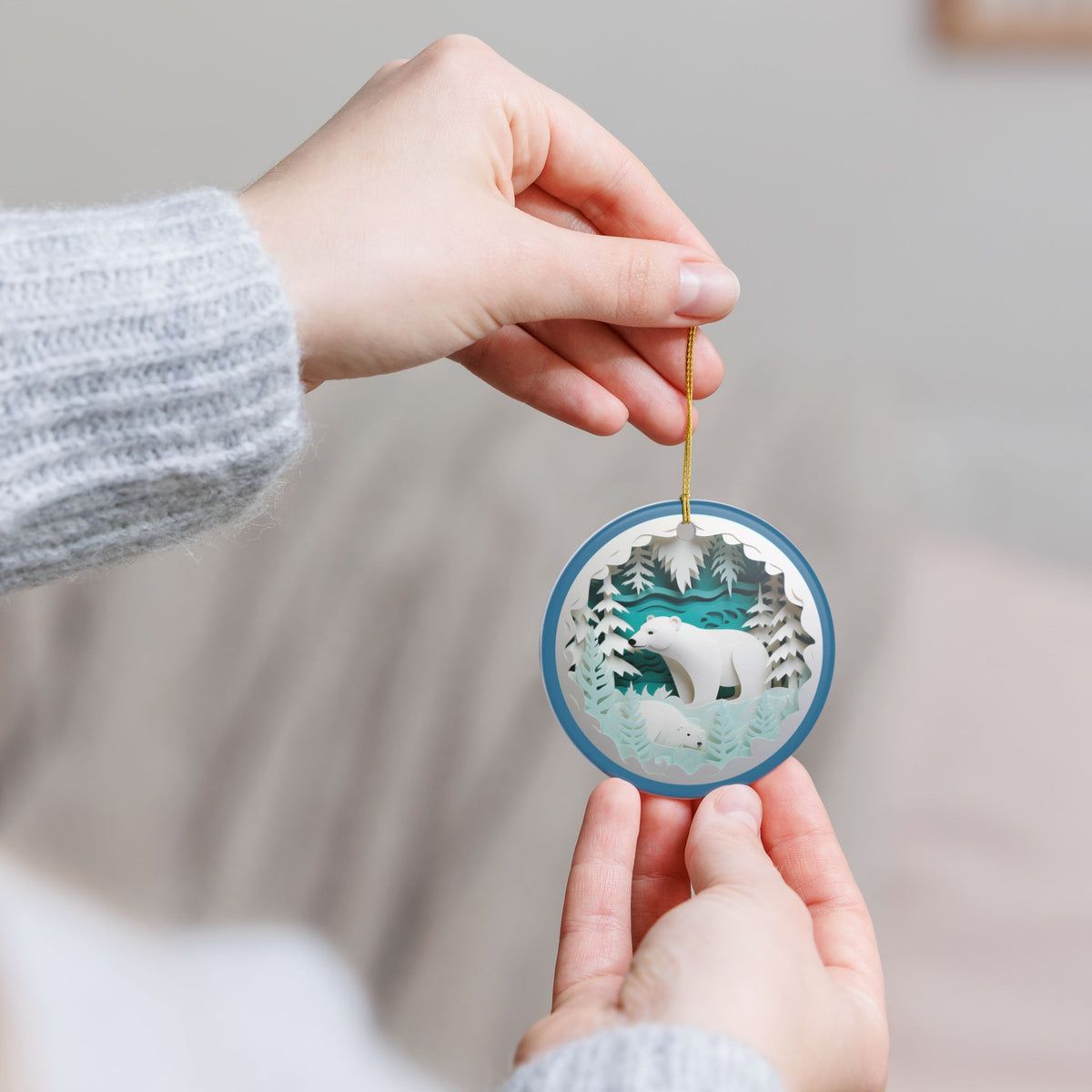 Polar Bear Family Winter Forest Ceramic Ornament   Item #375247