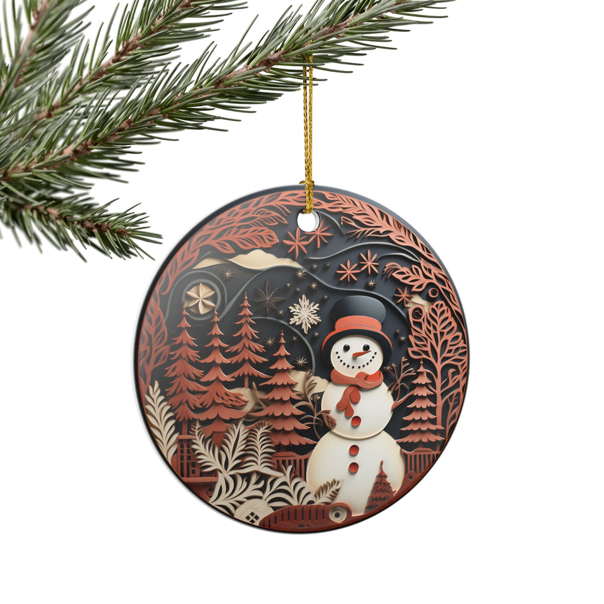 Ceramic Christmas Ornament with Snowman Winter Forest Design   Item #3133