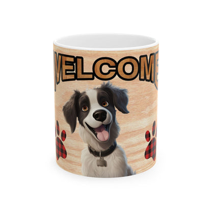 Welcome Dog Illustration Ceramic Mug – Cute Paw Print Coffee Cup 11oz    Item #31552
