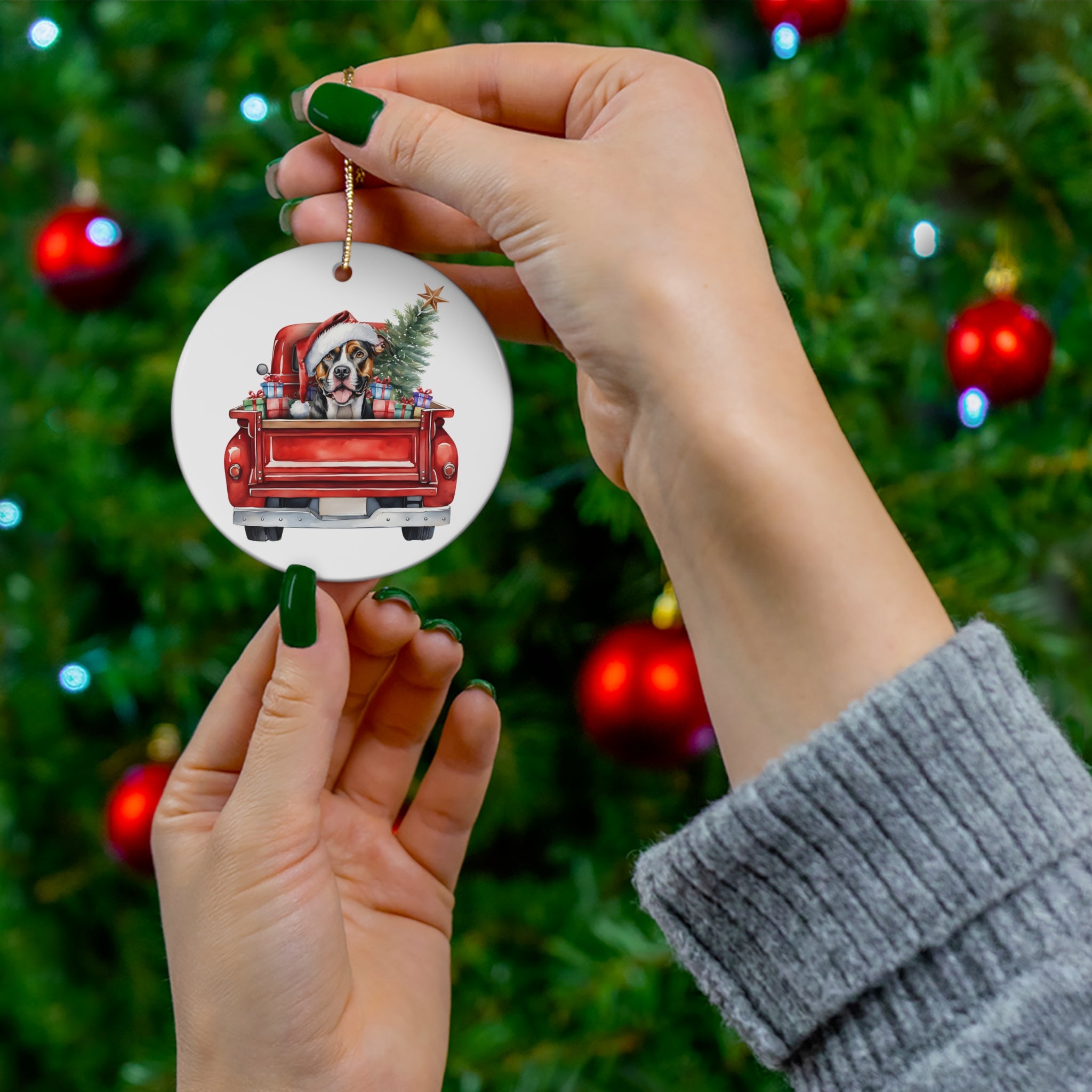 American Staffordshire Terrier Christmas Dog In Red Truck Ceramic Disc Ornament         Item #6542241