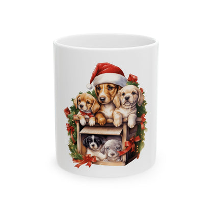 Christmas Puppy Mug – Cute Puppies in Santa Hats Ceramic Coffee Cup 11oz   Item #453285