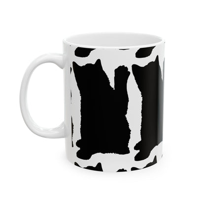 Cat Print Ceramic Mug – Black & White Farmhouse Coffee Cup 11oz    Item #87199