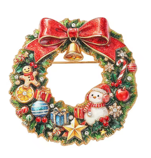 Santa’s Creations™ Christmas Wreath Brooch Pin, Festive Green Wreath with Red Bow, Golden Bell, Gingerbread Man and Snowman, Holiday Jewelry Gift    Item #847489