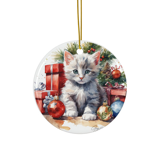 Christmas Cat Ceramic Disc Ornament      Item #71127