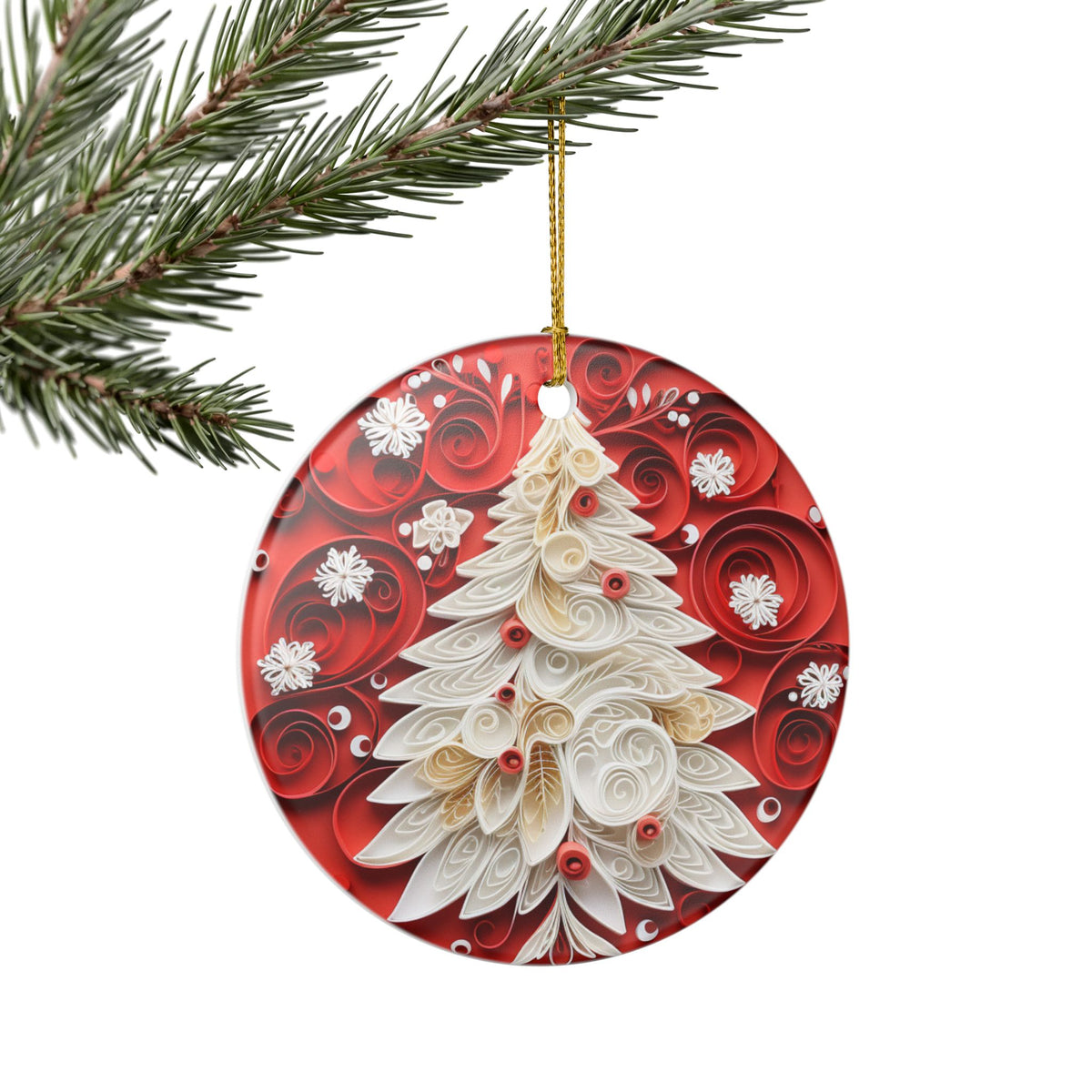 Ceramic Christmas Ornament – Red Quilled Christmas Tree Design   Item #890572