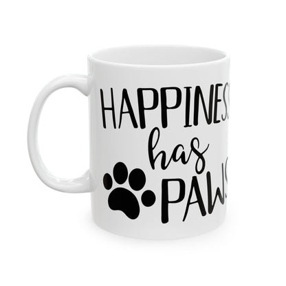Dog Lover Ceramic Mug — “Happiness Has Paws” Paw Print Coffee Mug 11oz   Item #259295