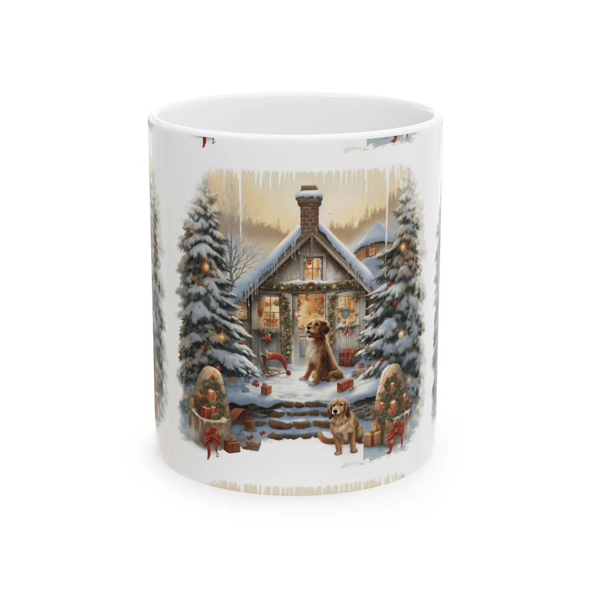 Winter Cabin Dogs Ceramic Mug — Cozy Snowy Cottage Holiday Coffee Cup 11oz   Item #418791