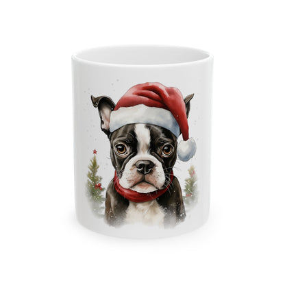 Christmas Boston Terrier Mug - Cute Puppy in Santa Hat Ceramic Coffee Cup 11oz   Item #66711