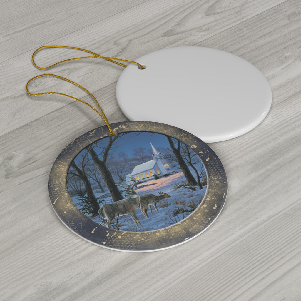 Winter Deer Scene Ceramic Disc Ornament             Item #5732376