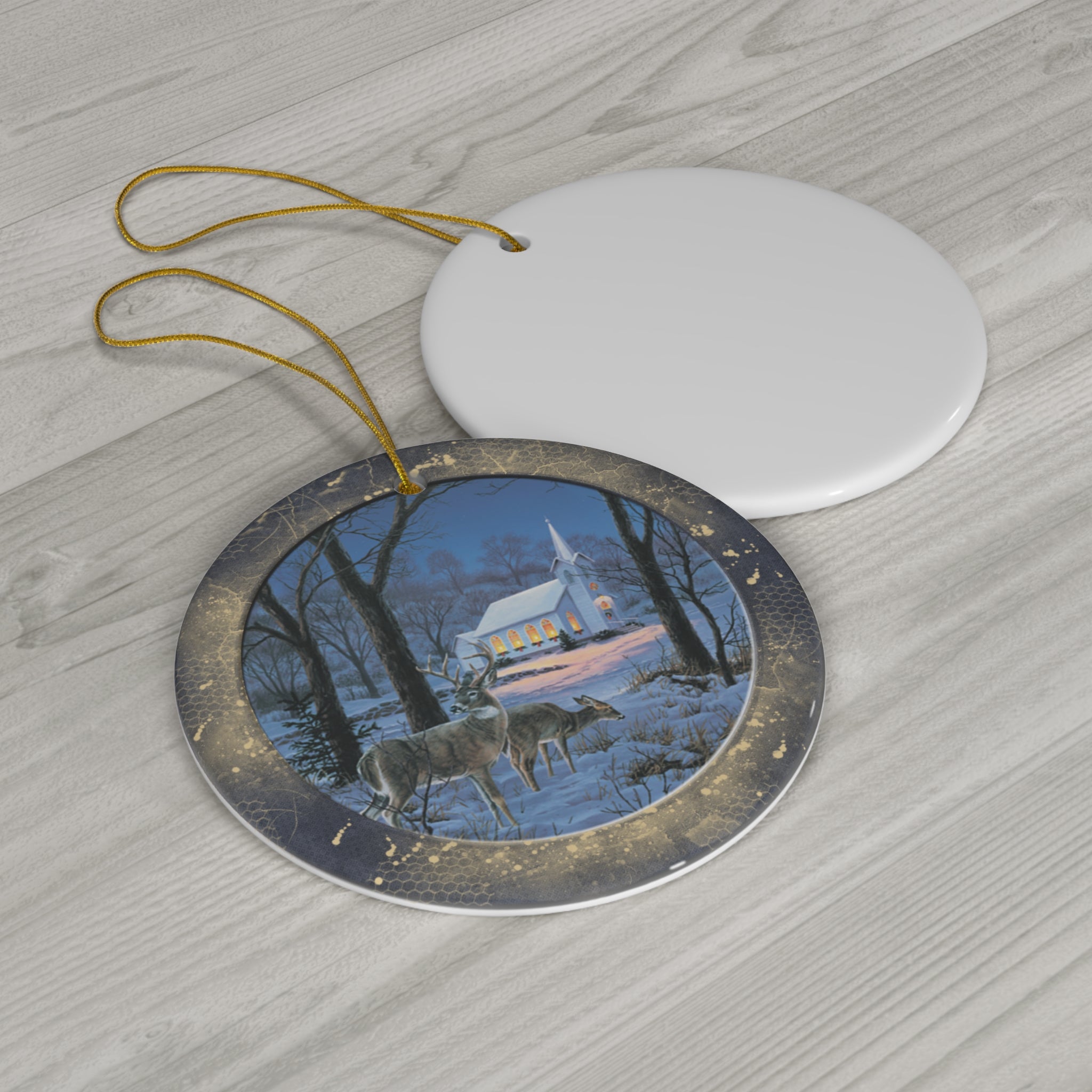Winter Deer Scene Ceramic Disc Ornament             Item #5732376