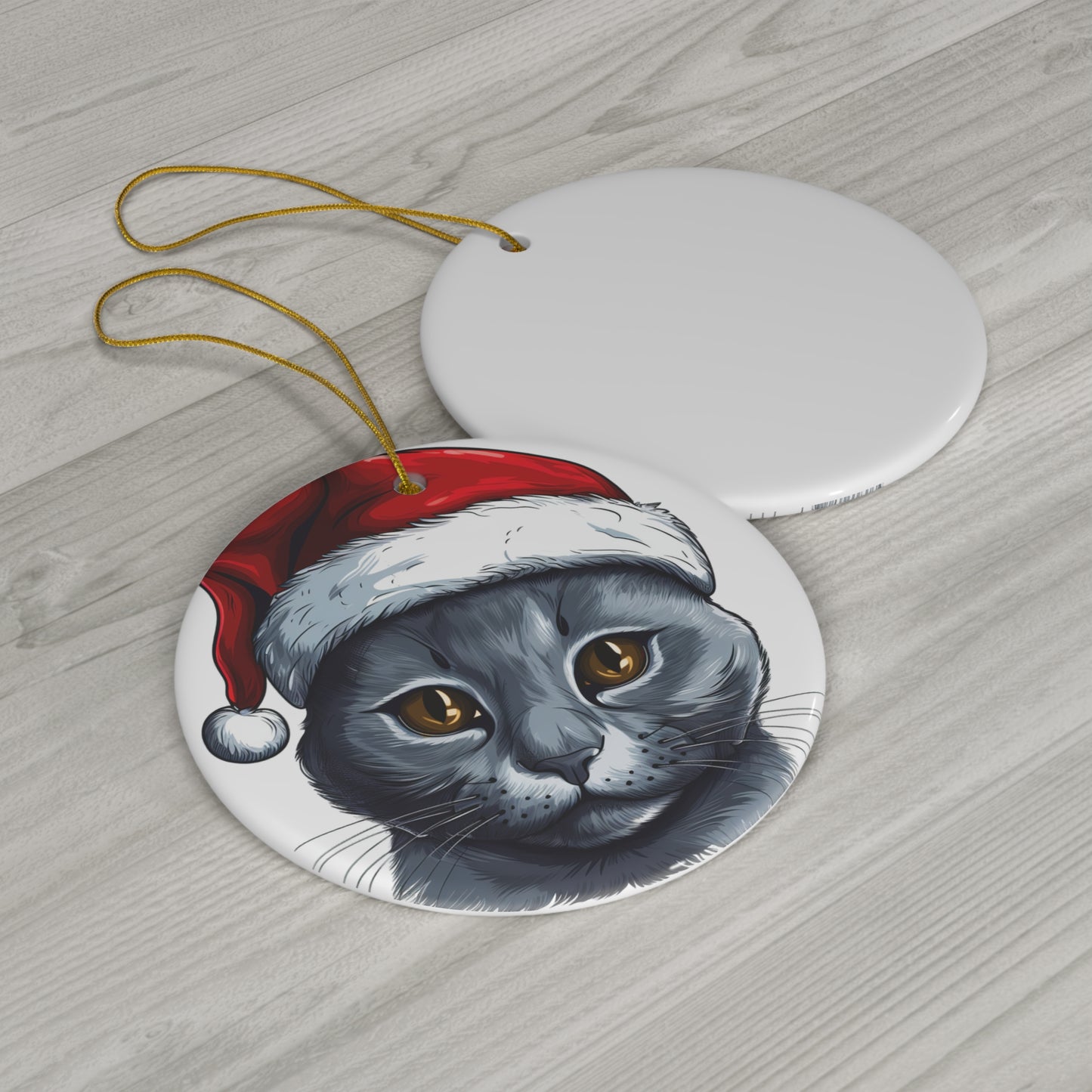 Russian Blue Cat With Santa Hat Ceramic Ornament     Item #5394006