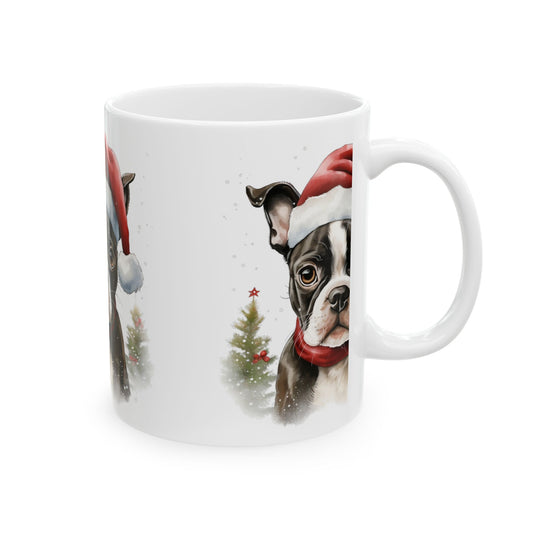 Christmas Boston Terrier Mug - Cute Puppy in Santa Hat Ceramic Coffee Cup 11oz   Item #66711