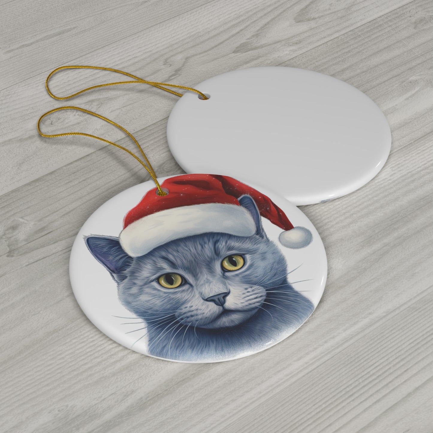 Russian Blue Cat With Santa Hat Ceramic Ornament     Item #2535601