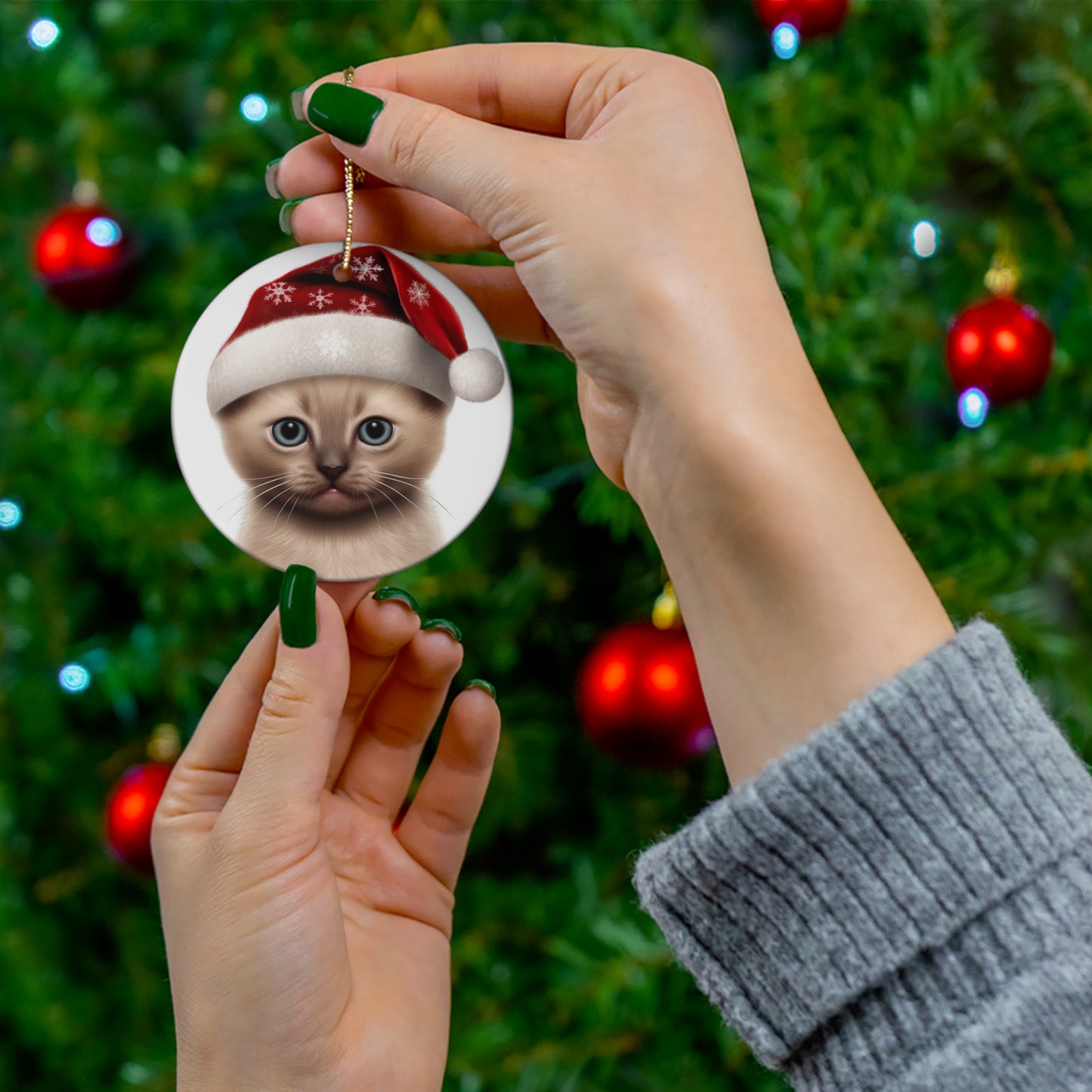 Ceramic Ornament - Tonkinese Kitten With Santa Hat      Item #7695649