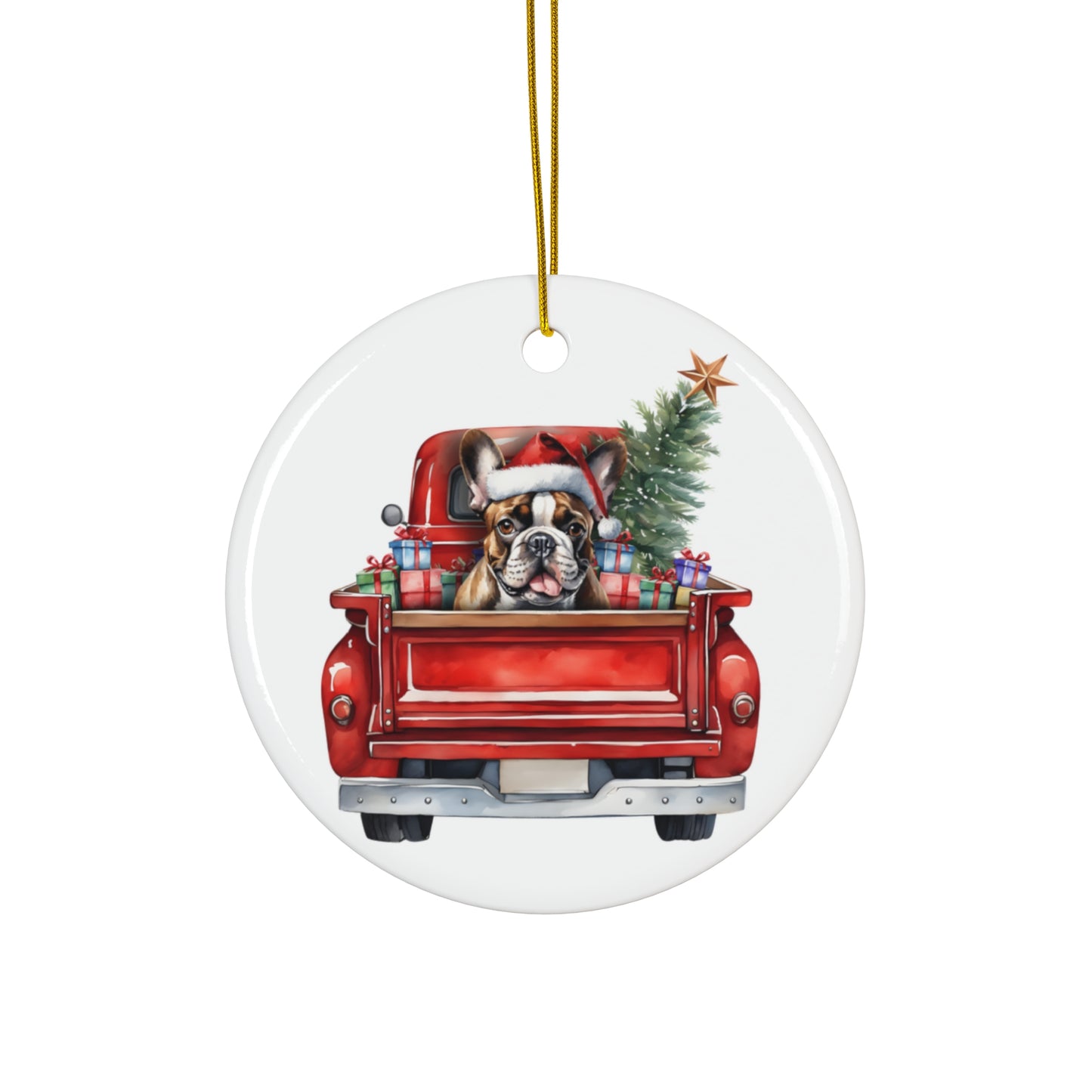 French Bulldog Christmas Dog In Red Truck Ceramic Disc Ornament         Item #8355312