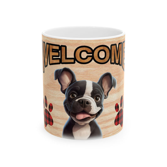 Welcome Dog Illustration Ceramic Mug – Cute Paw Print Coffee Cup 11oz    Item #172997