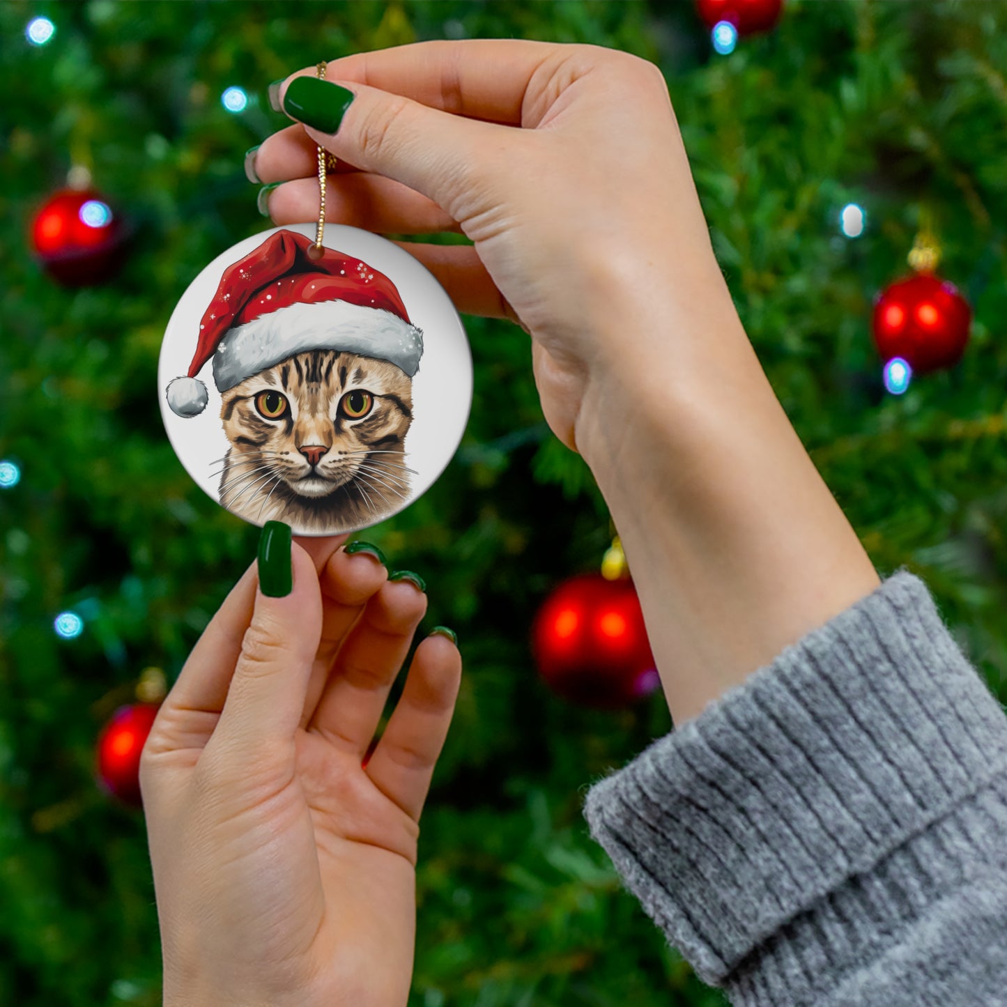 Ceramic Ornament - Arabian Mau Cat With Santa Hat      Item #5265843