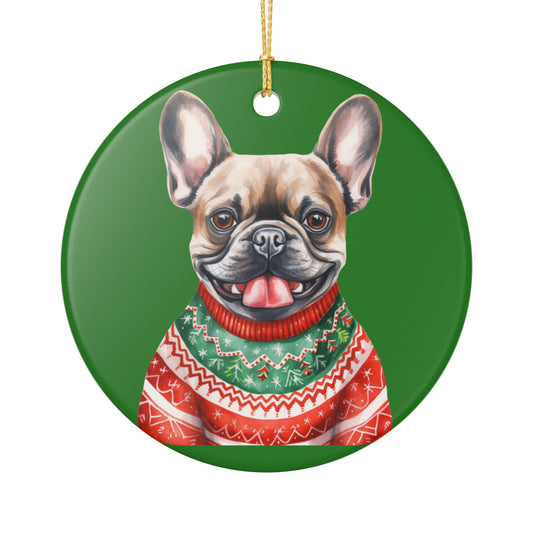 Festive French Bulldog With Santa Hat & Sweater Christmas Ornament   Item #166129