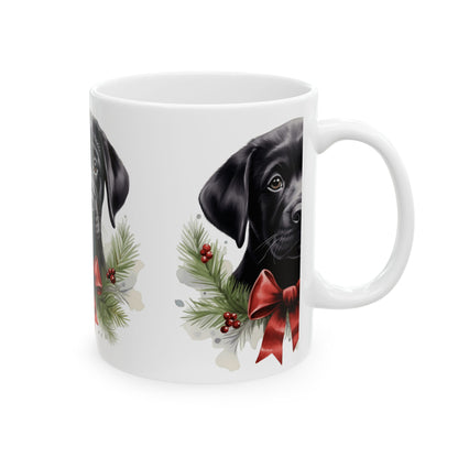 Christmas Black Labrador Mug with Holiday Wreath and Red Bow 11oz   Item #957943