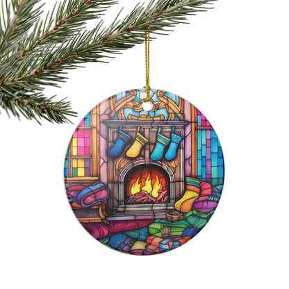 Cozy Christmas Fireplace Stained Glass Ceramic Ornament     Item #534856