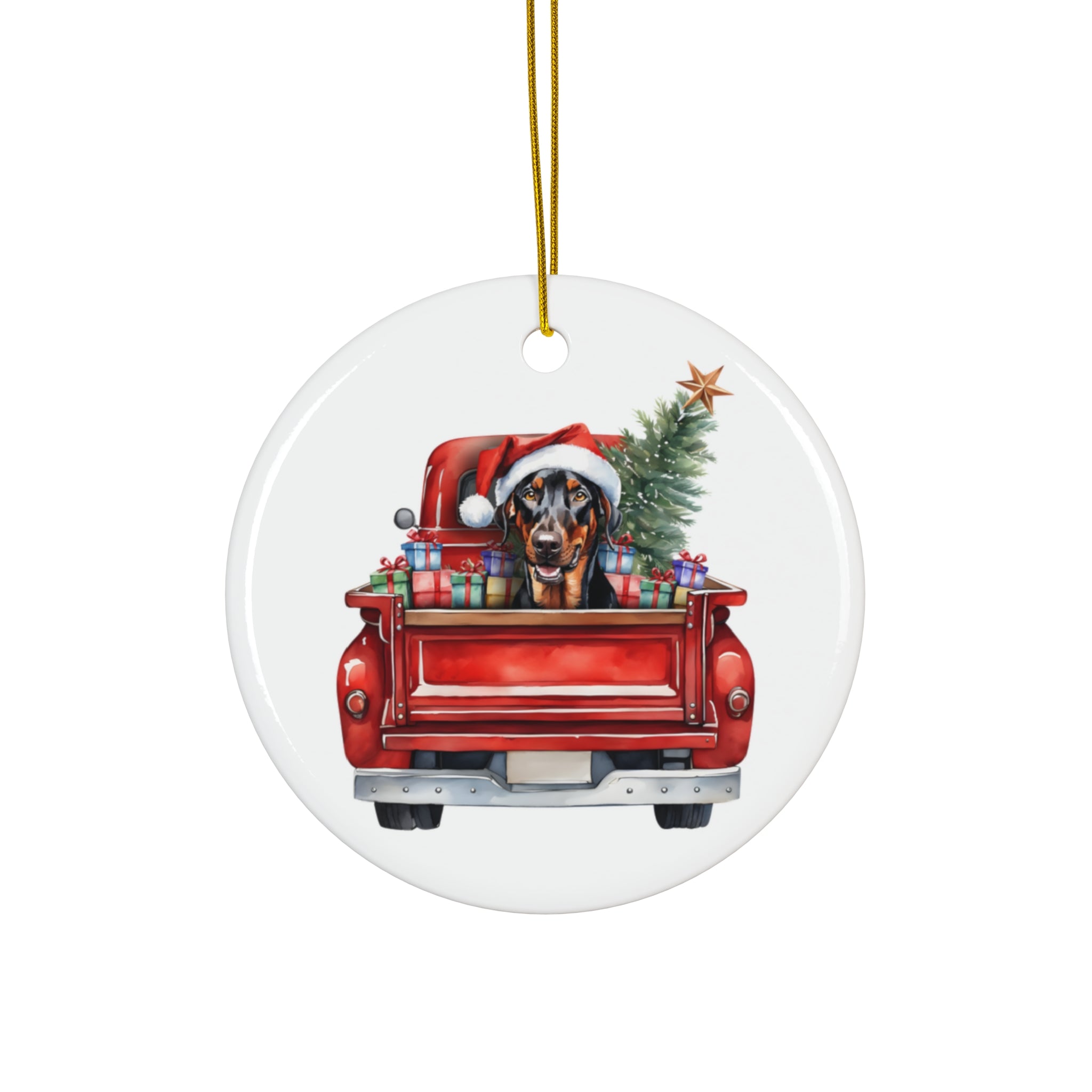 Doberman Pinscher Christmas Dog In Red Truck Ceramic Disc Ornament         Item #9414189