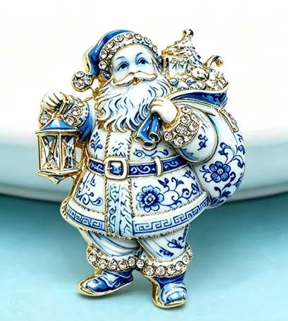 Rodericks Gems Blue and White Santa Claus Christmas Brooch Pin, Sparkling Holiday Santa Jewelry with Lantern and Gift Sack Design, Festive Seasonal Accessory Item #881409
